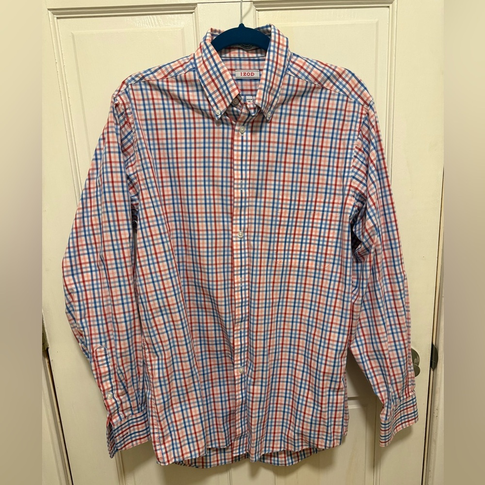 Izod Men's Red and Blue Plaid Button Down Shirt. Size 16 34/35